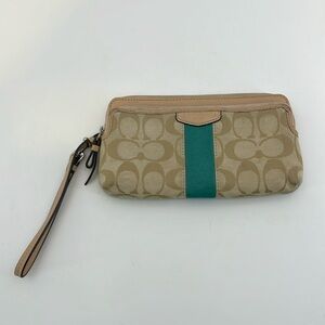 Vintage Cream & Tan Coach Signature Stripe Wristlet Wallet w/ Jade Green Stripe